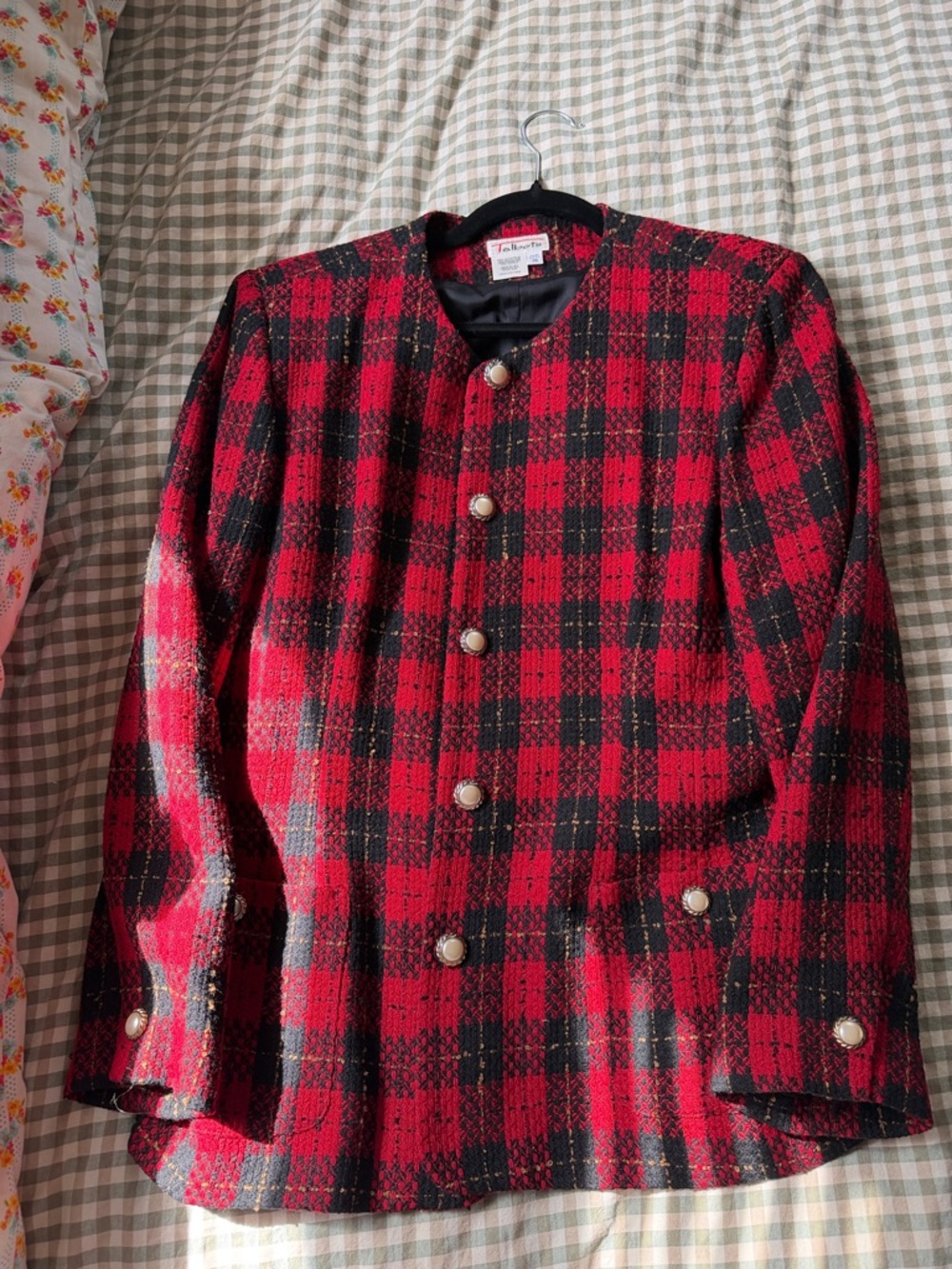 Talbots Red and Black Plaid Wool Pea Coat